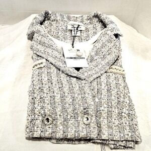 NWT Glamorous Women's M Cropped Sequin Jacket Silver Gray Faux Pockets